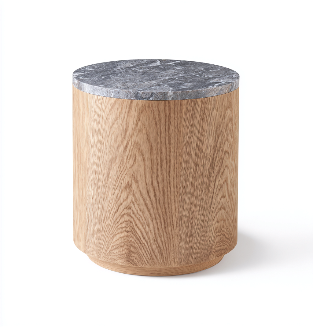Table d'appoint ronde en bois et marbre 40x40x45 cm - chêne clair/gris - style contemporain naturel-Nicheovae