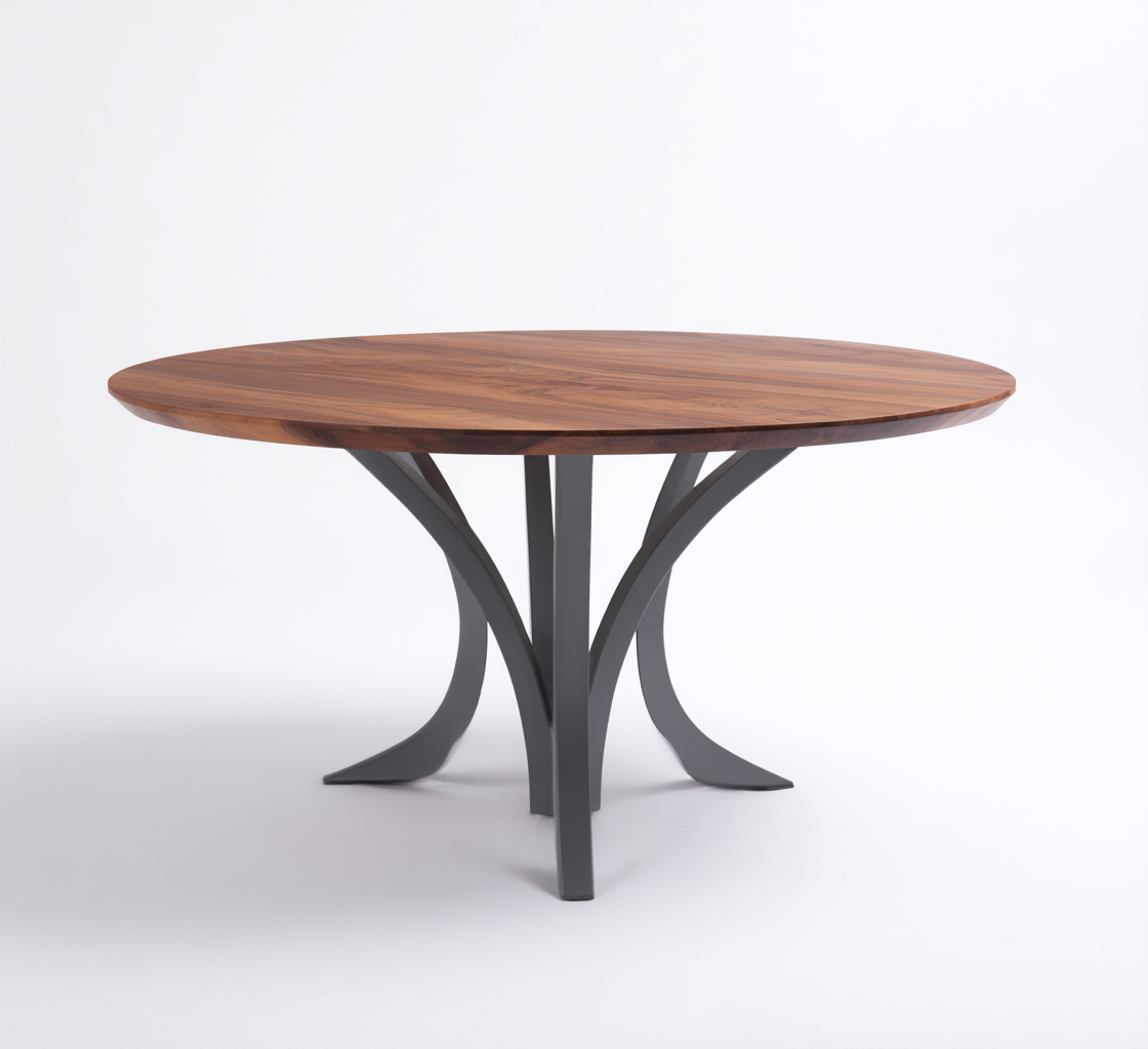 Table de salle à manger ronde en bois noyer et métal gris 130x130x75 cm - style contemporain-Nicheovae