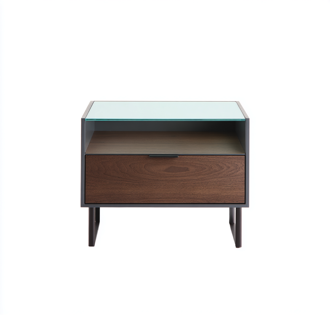 Table d'appoint rectangulaire en bois, verre et métal 55x45x50 cm - noyer/transparent/gris foncé - style moderne contemporain-Nicheovae