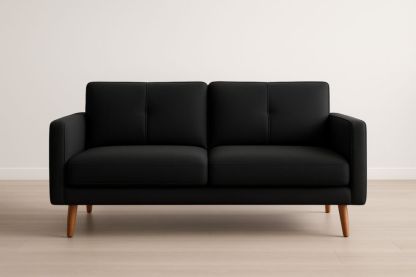 Canapé 2 places en cuir synthétique noir, pieds en bois massif-Aurabellae
