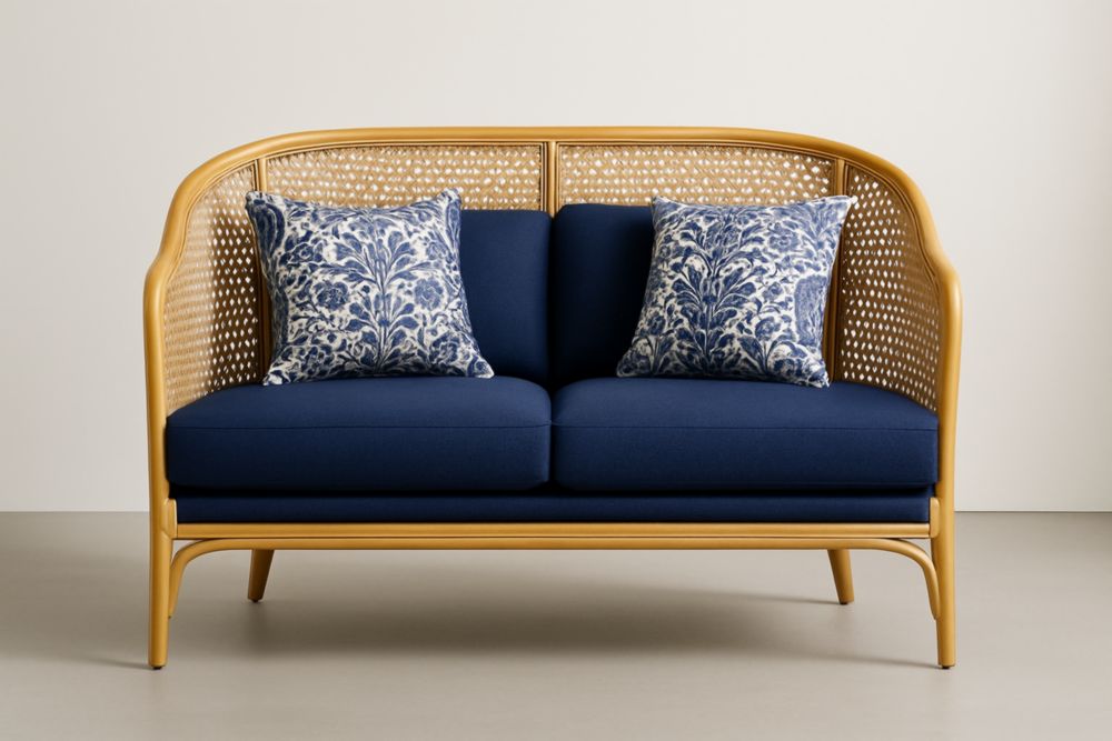 Canapé en Rotin Tissu Bleu avec Oreillers Décoratifs-Aurabellae