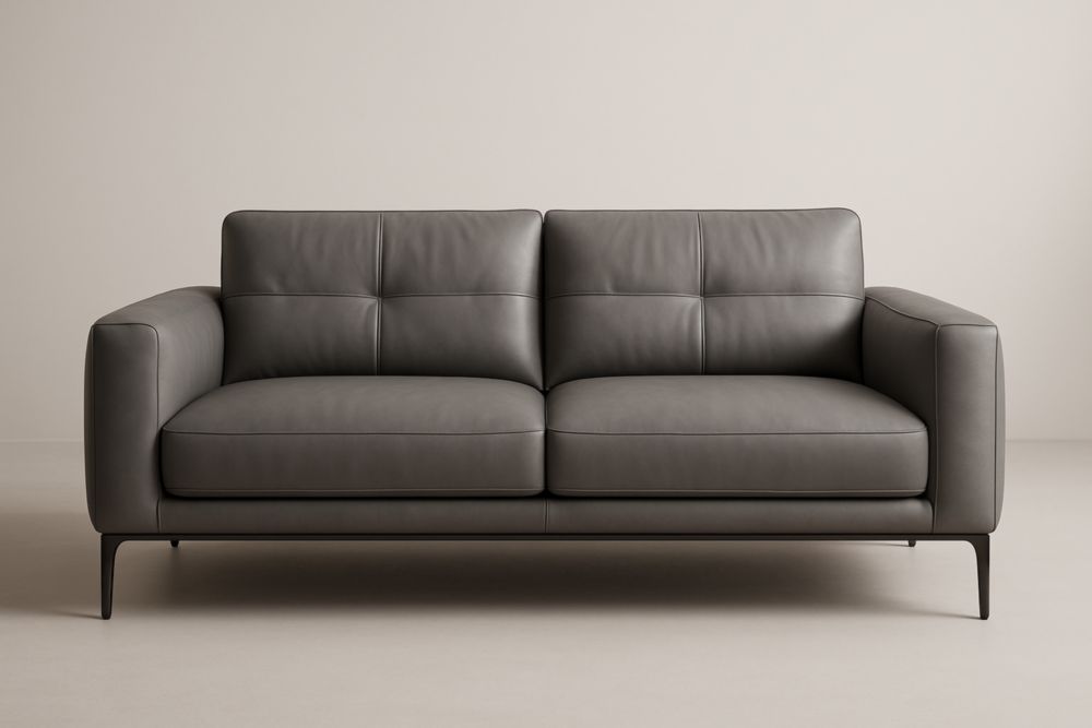 Canapé deux‑places en cuir gris, structure en aluminium-Aurabellae