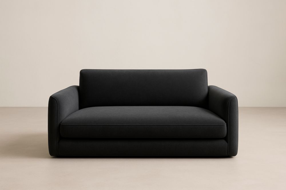 Canapé en tissu noir, cadre en bois massif, avec coussin-Aurabellae