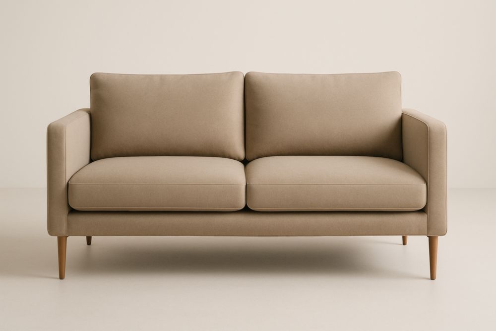 Canapé 2 places en tissu beige, pieds en bois massif, avec coussins-Aurabellae