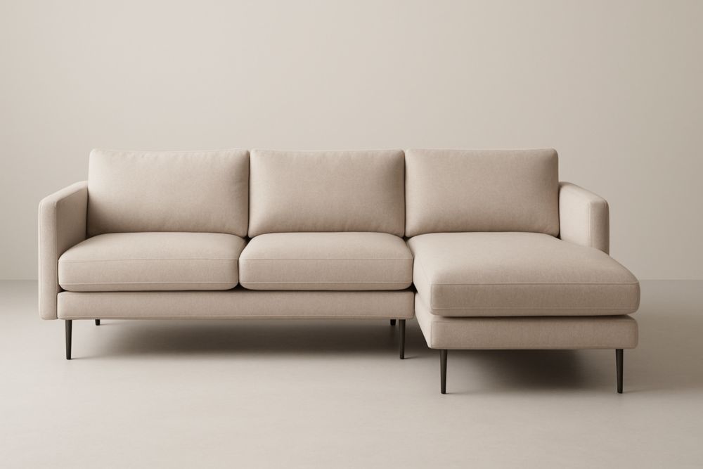 Canapé d'angle en tissu avec méridienne, structure en bois et pieds en aluminium-Aurabellae