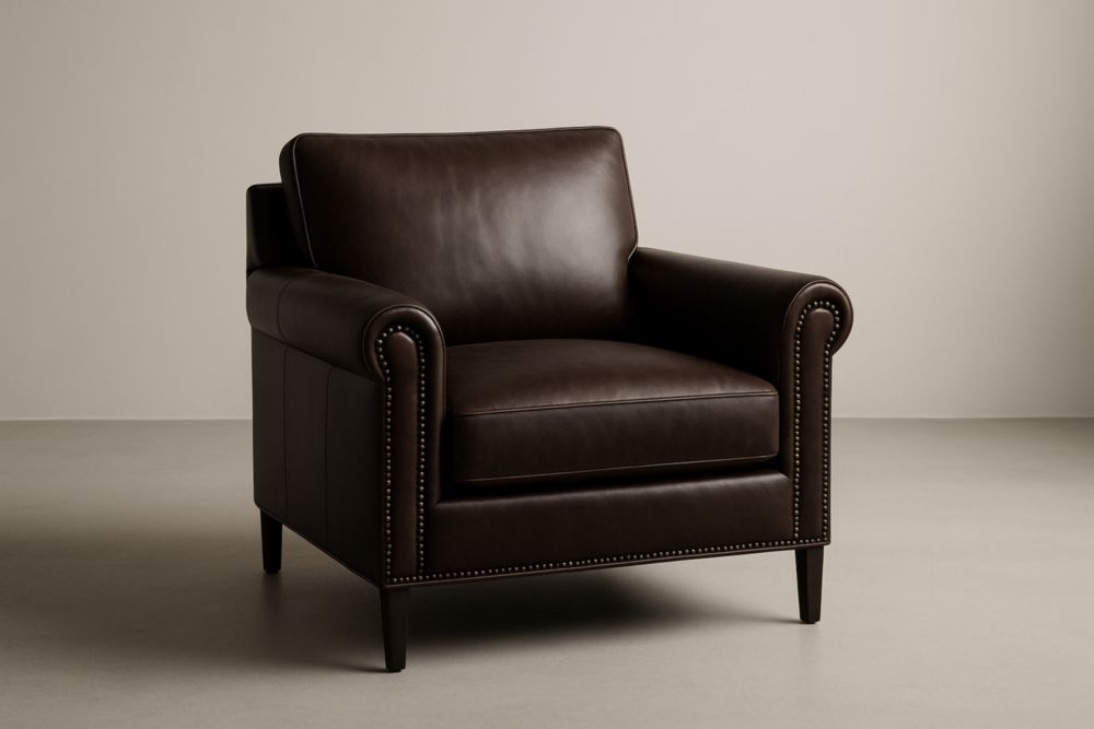 Fauteuil en cuir marron avec rivets en aluminium, avec coussin-Aurabellae