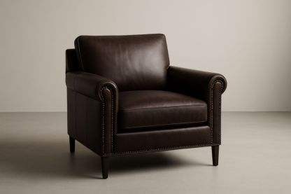 Fauteuil en cuir marron avec rivets en aluminium, avec coussin-Aurabellae