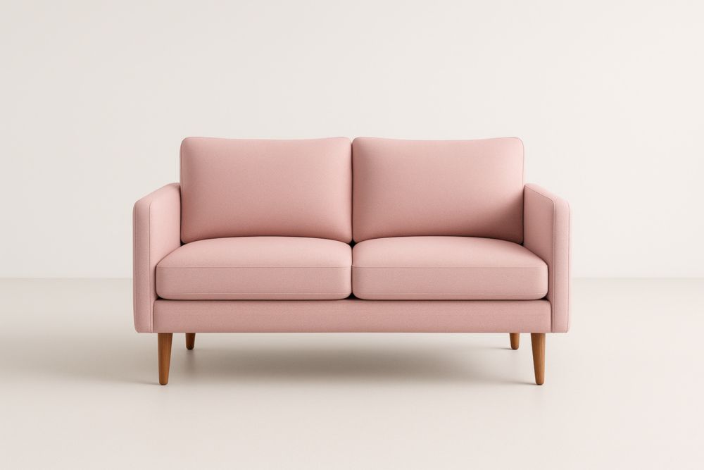 Canapé 2 places en tissu polyester rose, pieds en bois massif, avec coussins-Aurabellae