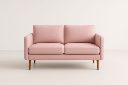 Canapé 2 places en tissu polyester rose, pieds en bois massif, avec coussins-Aurabellae