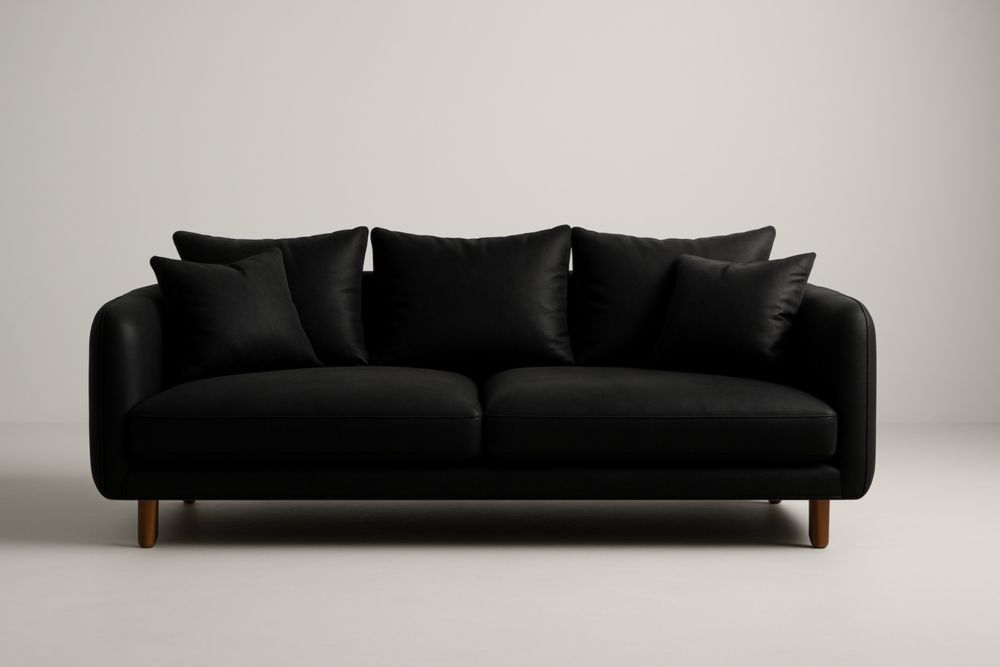 Canapé en tissu noir avec coussins et pieds en bois massif-Aurabellae