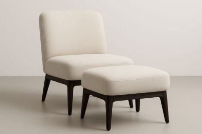 Fauteuil de détente avec repose-pied, revêtu en laine blanc, cadre en bois massif-Aurabellae