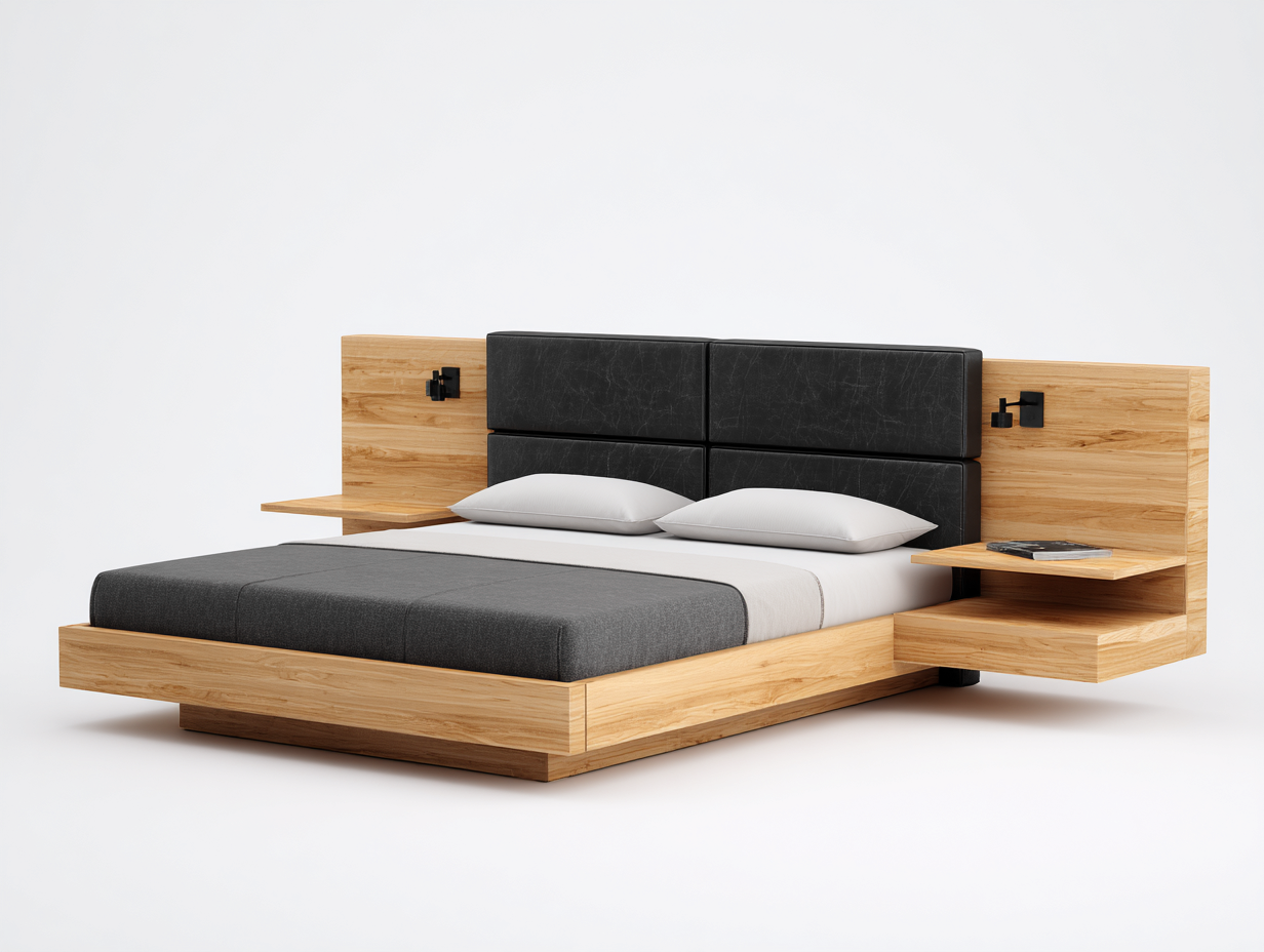 Lit double en bois 230x200x110 cm - chêne clair/noir - avec tables de chevet suspendues et tête de lit capitonnée - design moderne-Comfyene