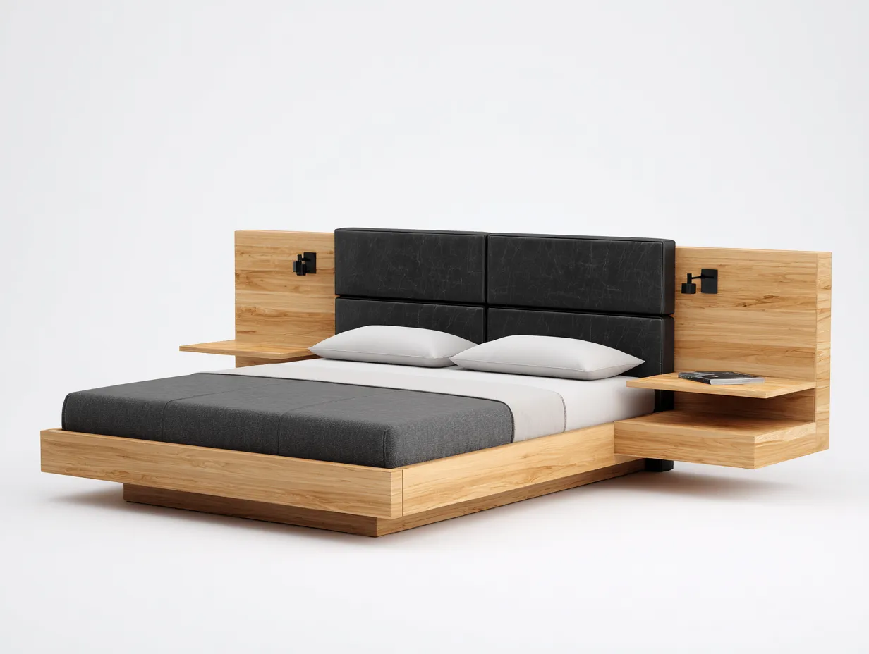 Lit double en bois 230x200x110 cm - chêne clair/noir - avec tables de chevet suspendues et tête de lit capitonnée - design moderne-Comfyene