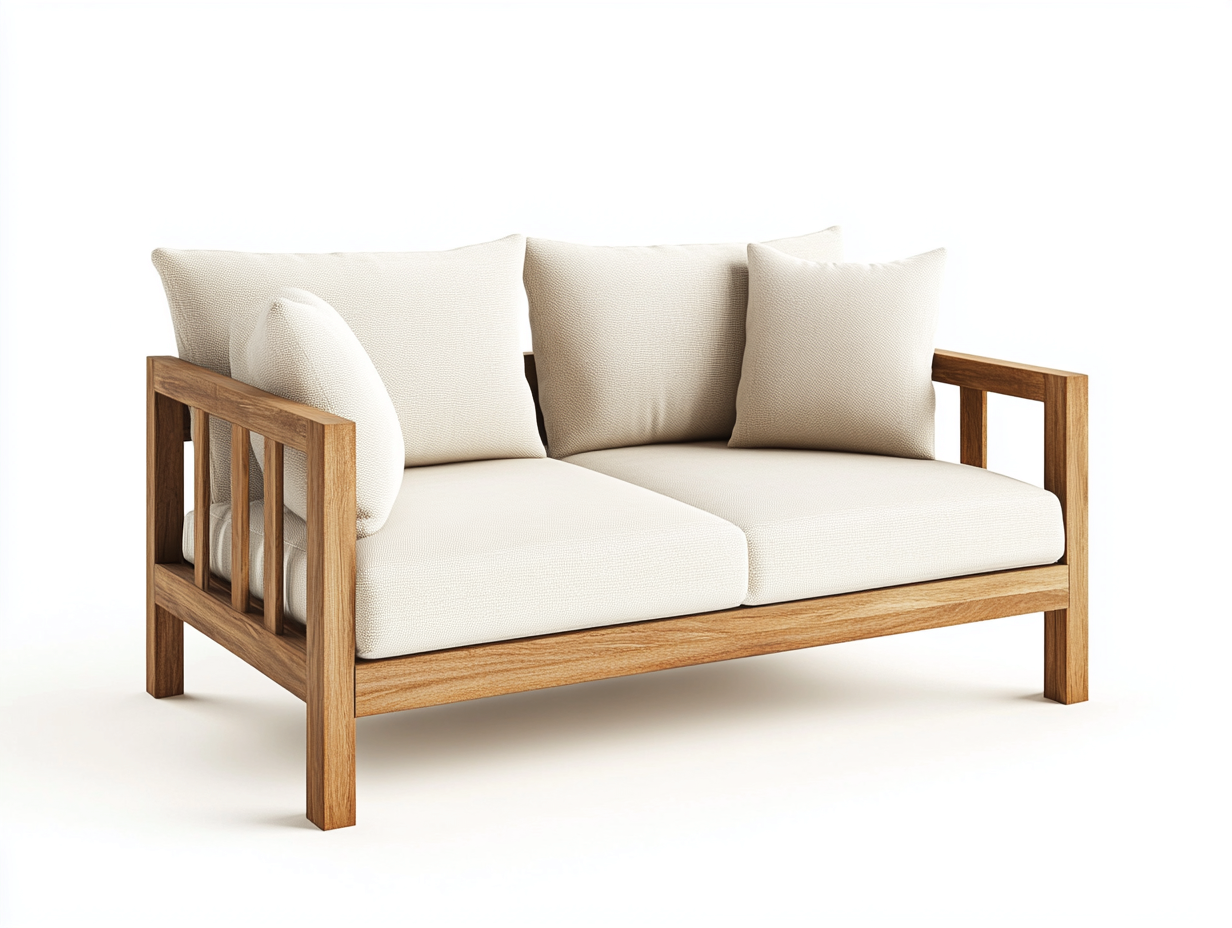 Canapé de jardin 2 places en bois de teck et tissu - beige/bois naturel - 155x85x80 cm - style naturel et moderne - pour terrasse ou balcon-Comfyene