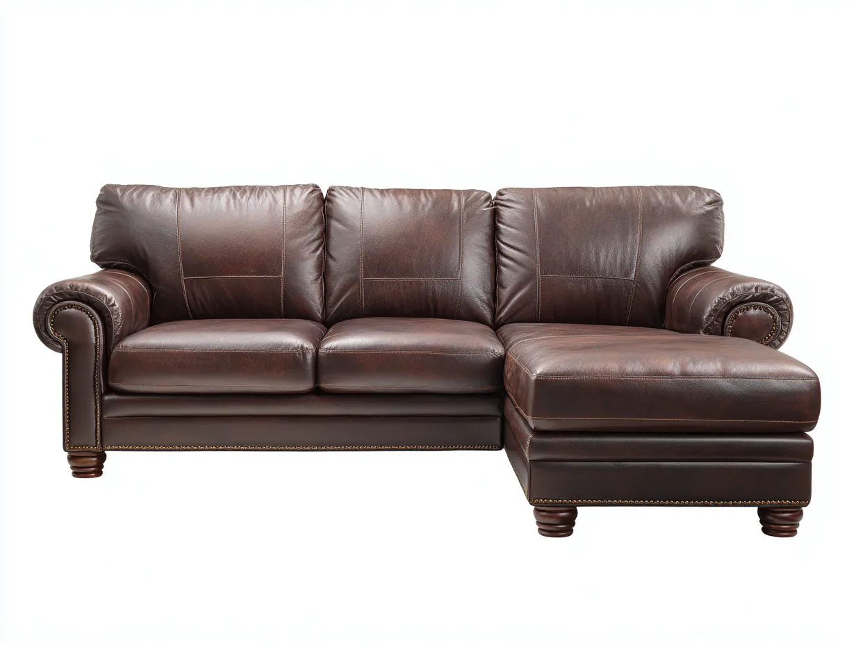 Canapé d'angle en cuir véritable 255x160x90 cm - marron foncé - style classique - accoudoirs roulés et finitions cloutées-Comfyene