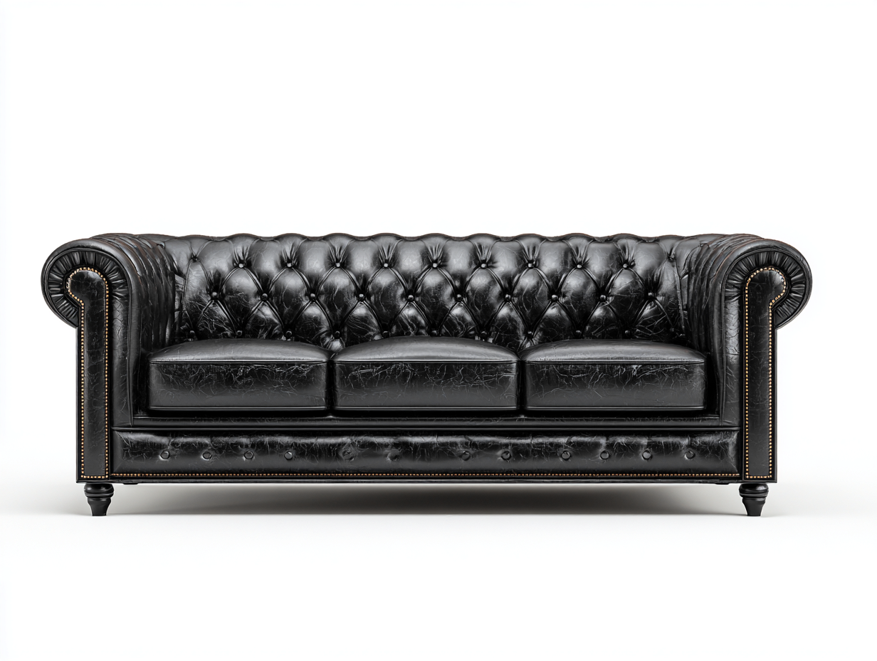 Canapé 3 places en cuir véritable 215x93x77 cm - noir - style Chesterfield classique - capitonnage profond et clous décoratifs en laiton-Comfyene