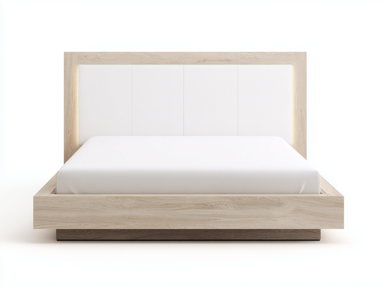 Lit double 205x165x105 cm - bois chêne clair et tissu blanc - avec éclairage intégré-Comfyene
