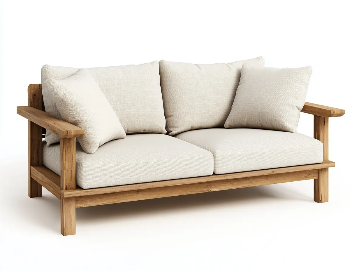Canapé de jardin 2 places en bois de teck et tissu - beige/bois naturel - 170x85x80 cm - style naturel et contemporain - pour extérieur ou terrasse-Comfyene