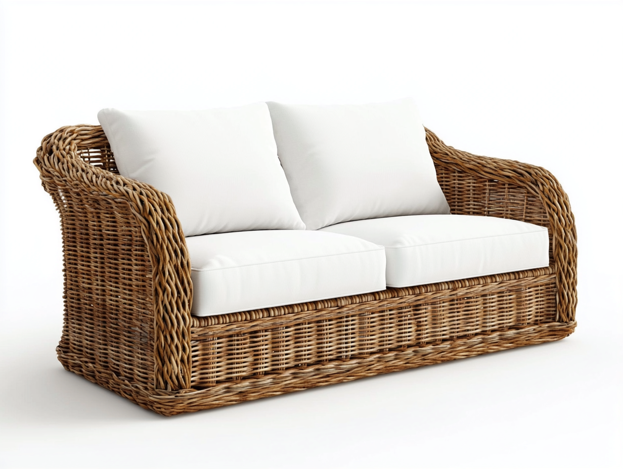Canapé de jardin 2 places en rotin tressé et coussins - blanc/naturel - 160x90x85 cm - style bohème et rustique - pour terrasse ou véranda-Comfyene