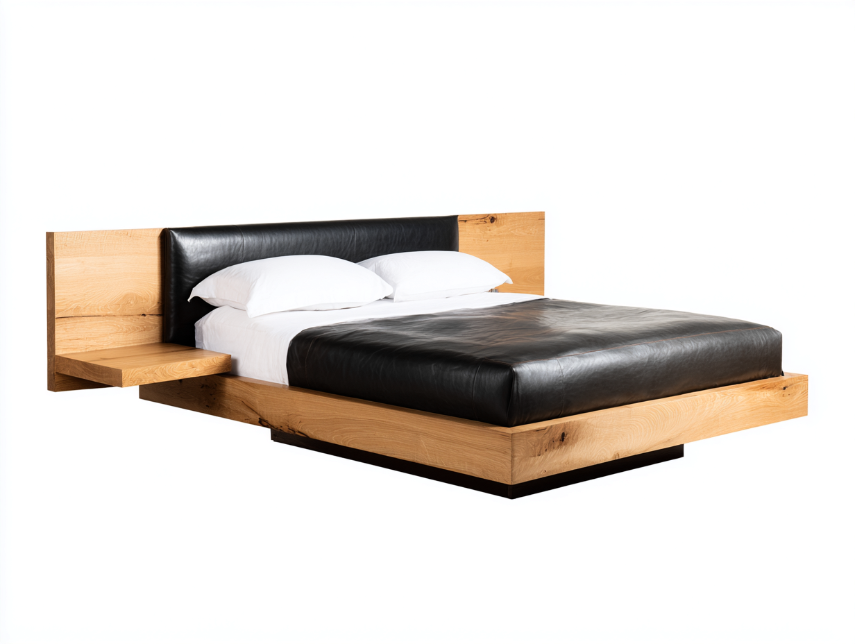 Lit double en bois 220x190x95 cm - bois naturel et cuir noir - avec tête de lit rembourrée et tablette flottante intégrée-Comfyene