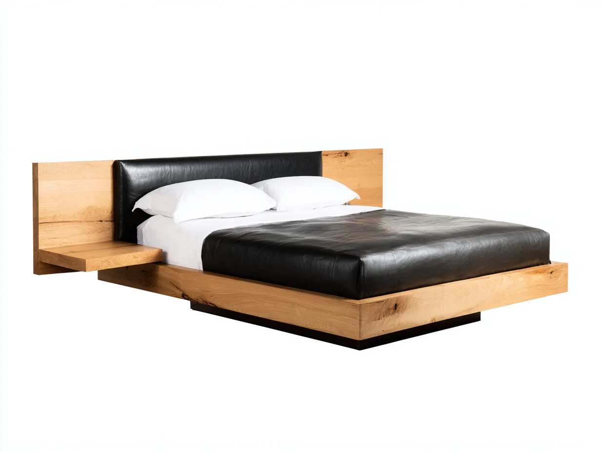 Lit double en bois 220x190x95 cm - bois naturel et cuir noir - avec tête de lit rembourrée et tablette flottante intégrée-Comfyene