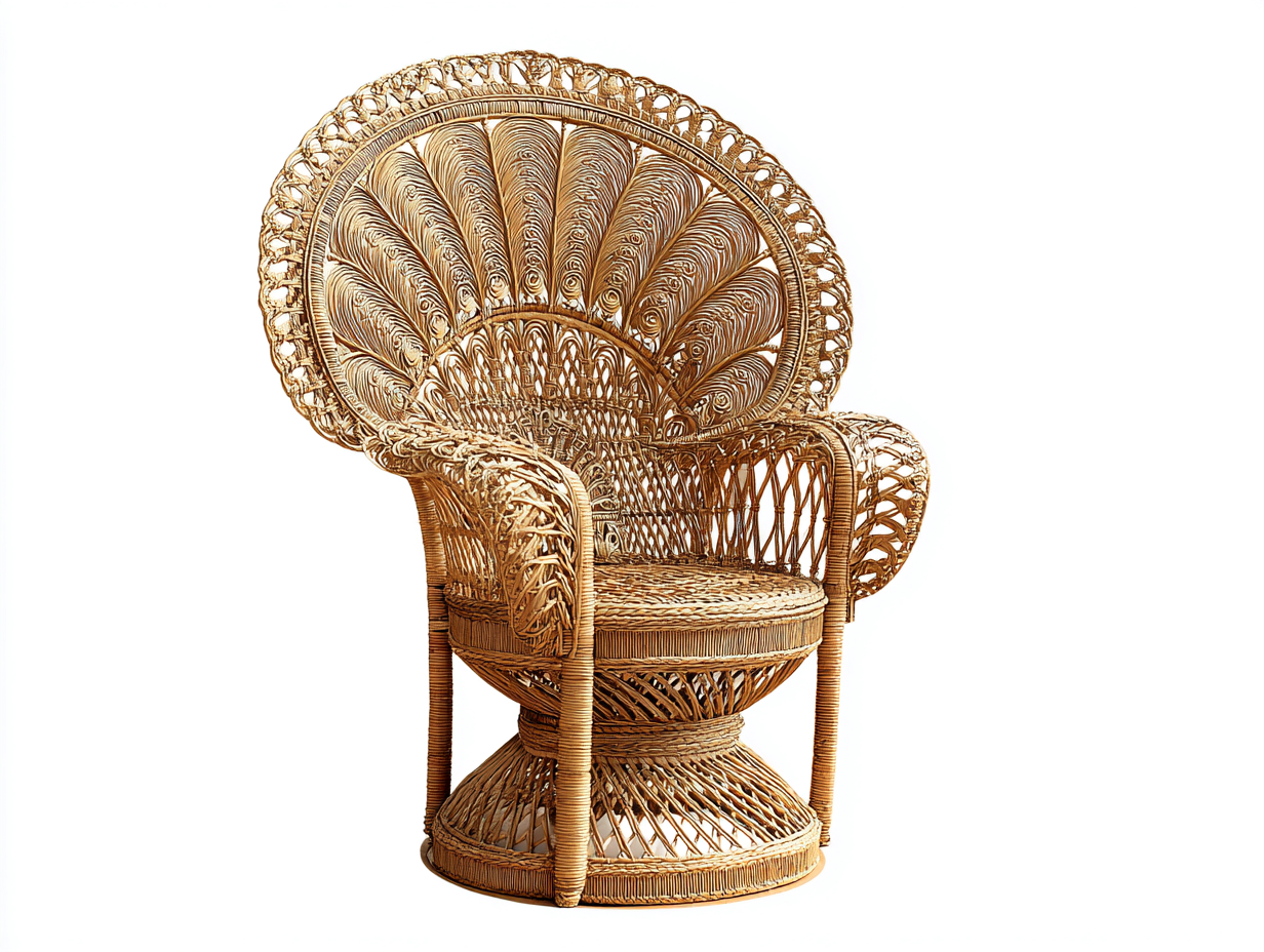 Fauteuil en rotin couleur bois 95x90x135 cm - style paon - dossier haut sculpté à la main-Comfyene