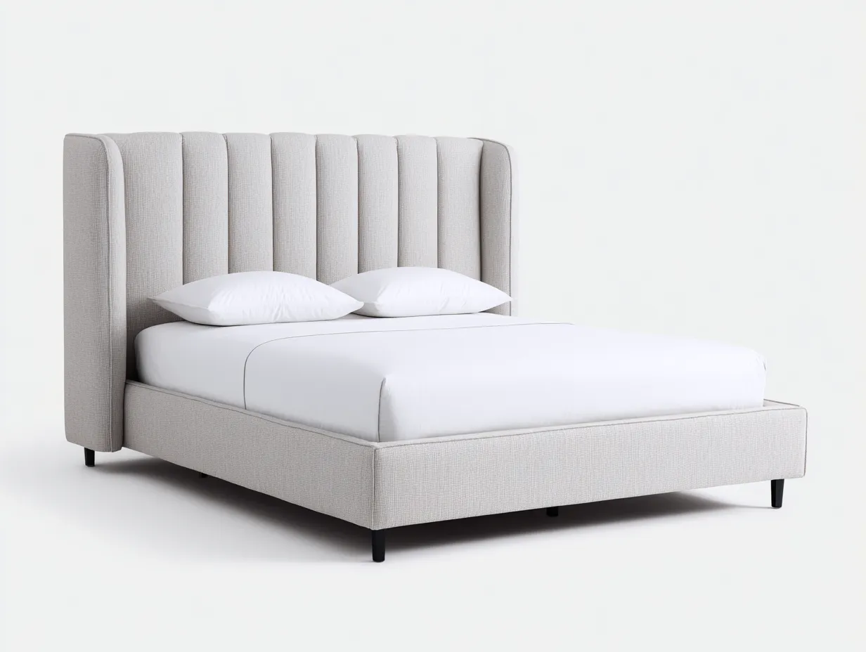 Lit double rembourré 215x185x125 cm - beige clair - avec tête de lit haute à panneaux verticaux-Comfyene