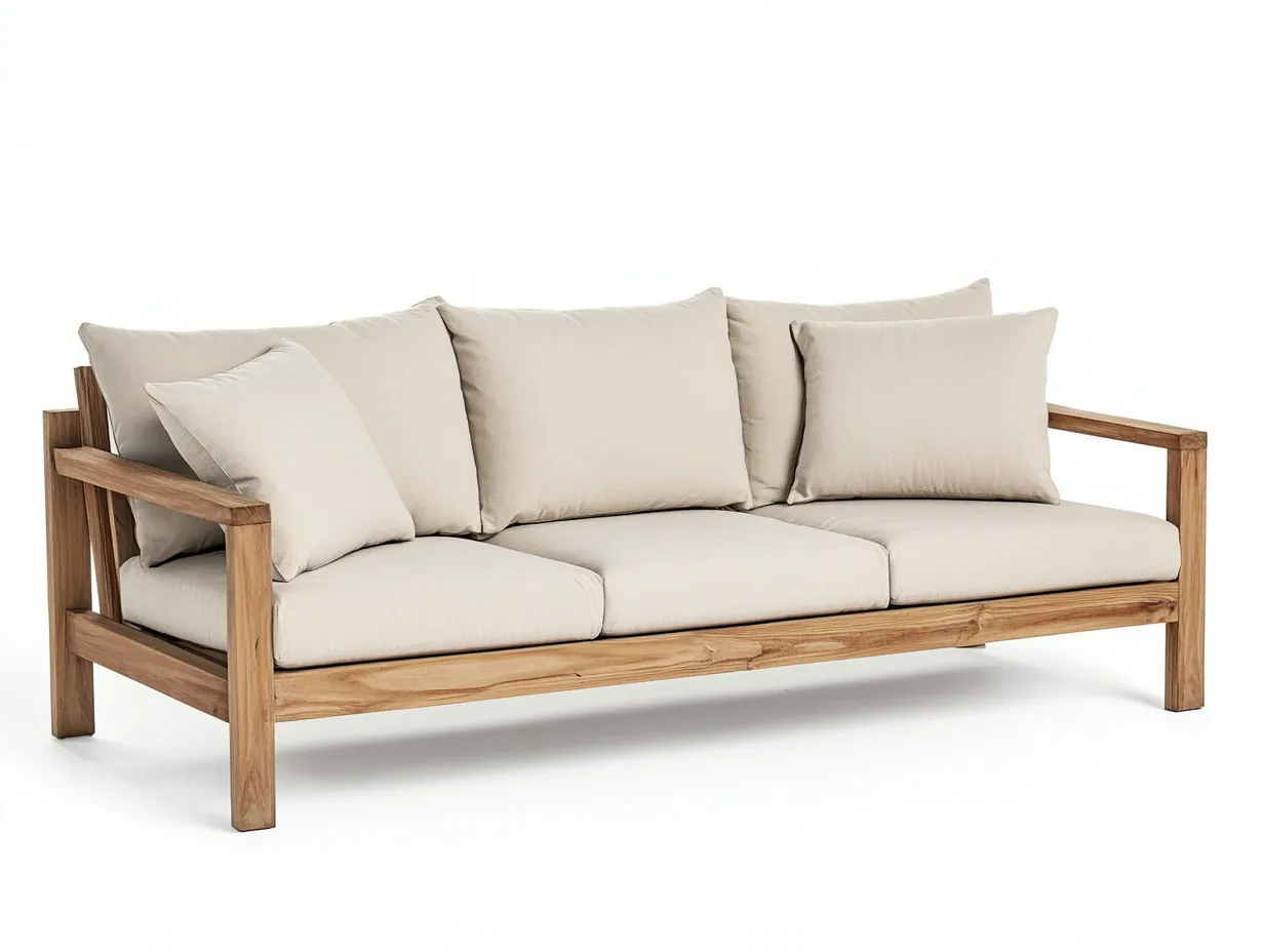 Canapé de jardin 3 places en bois et tissu 200x80x85 cm - beige/bois naturel - style naturel pour extérieur-Comfyene