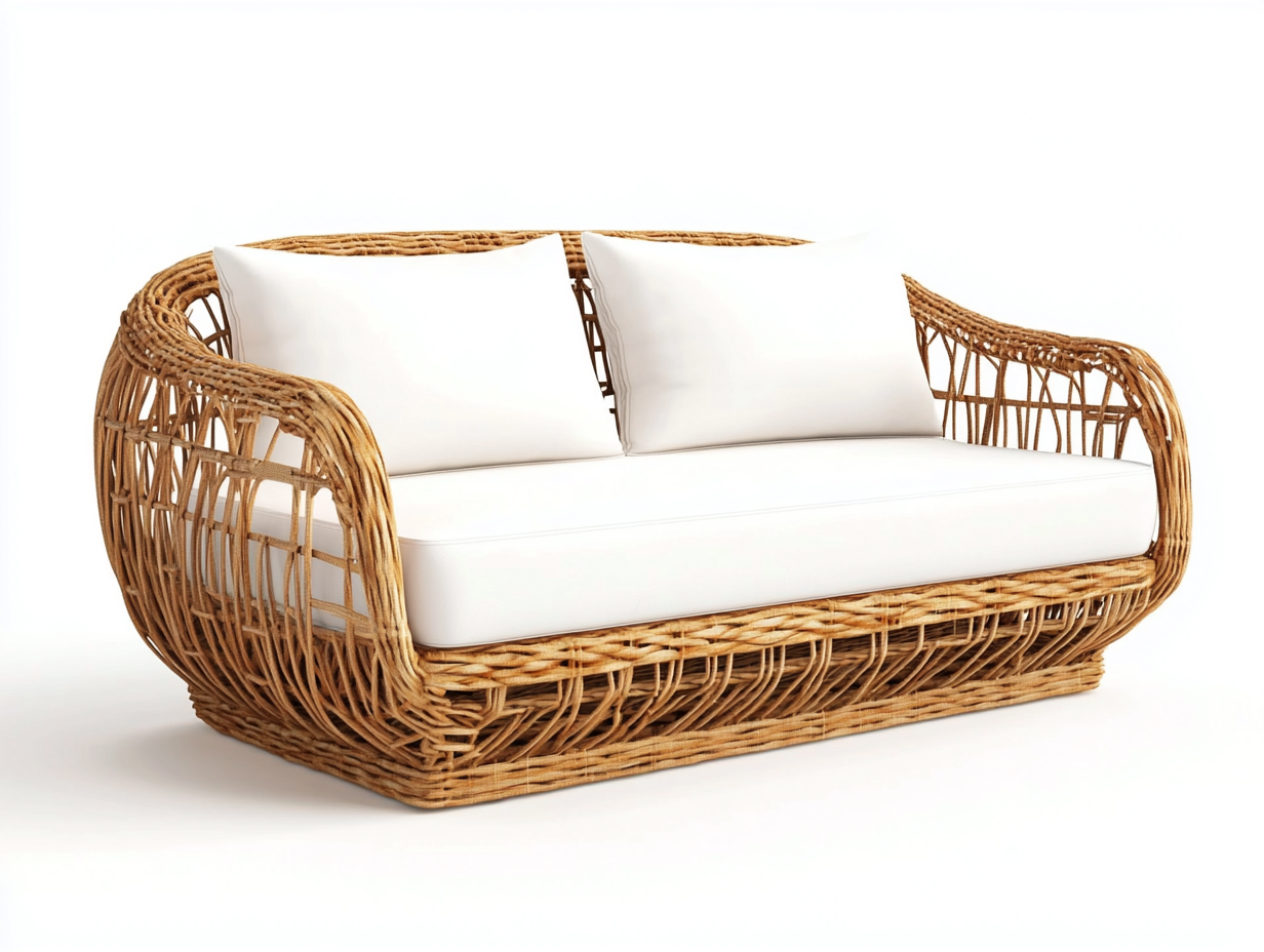Canapé de jardin 2 places en rotin tressé ajouré et coussins - blanc/naturel - 165x90x80 cm - style bohème et contemporain - pour terrasse ou jardin-Comfyene