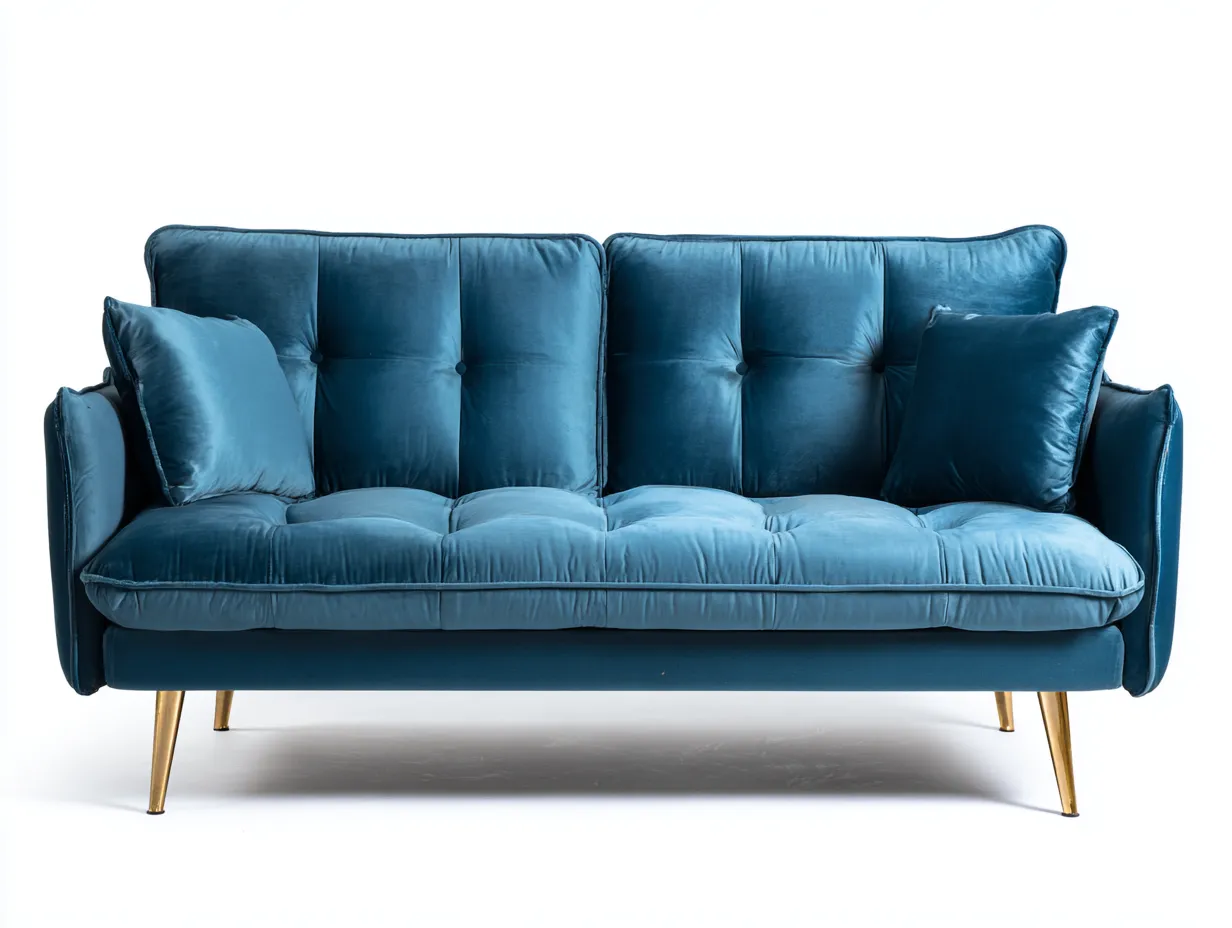 Canapé 2 places en velours 165x88x85 cm - bleu pétrole - style contemporain - assise capitonnée et pieds dorés-Comfyene