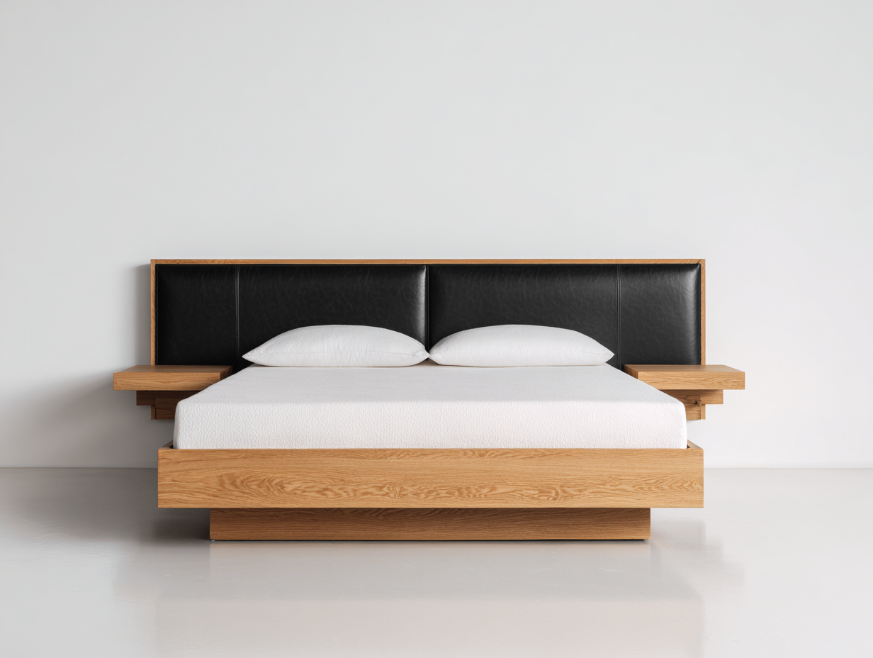 Lit double 205x165x100 cm - bois chêne clair et cuir synthétique noir - design moderne-Comfyene