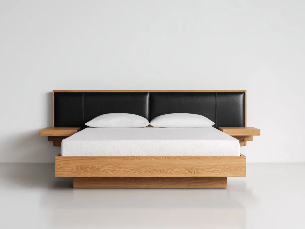 Lit double 205x165x100 cm - bois chêne clair et cuir synthétique noir - design moderne-Comfyene