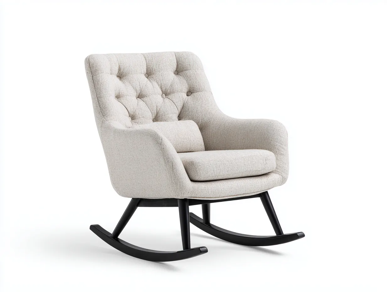 Fauteuil à bascule en tissu beige/noir 78x85x95 cm - dossier capitonné - structure en bois massif-Comfyene
