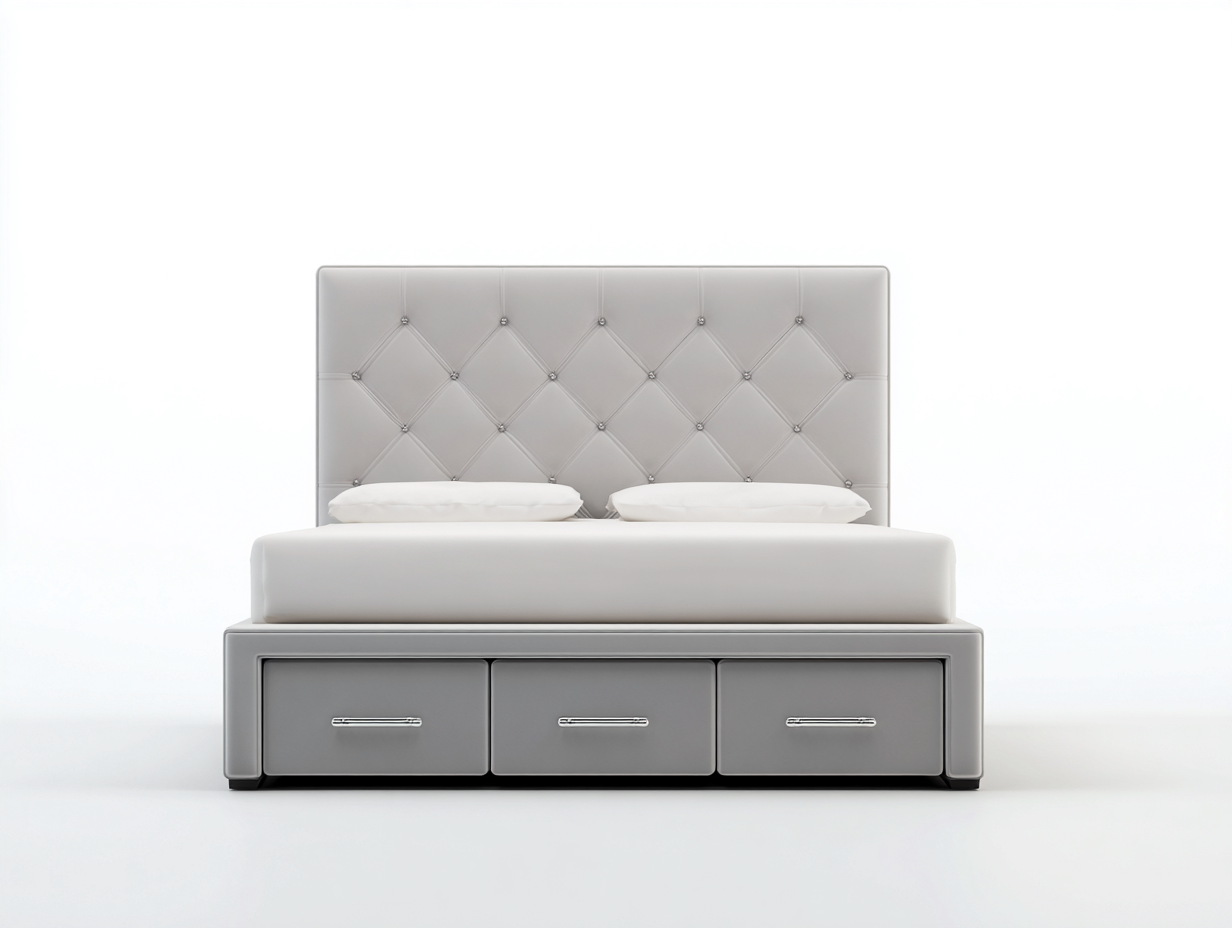 Lit double tapissé 215x180x120 cm - cuir synthétique gris clair - avec tiroirs de rangement - tête de lit capitonnée élégante-Comfyene