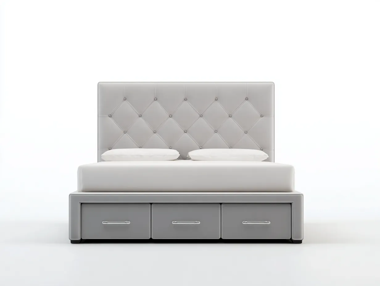 Lit double tapissé 215x180x120 cm - cuir synthétique gris clair - avec tiroirs de rangement - tête de lit capitonnée élégante-Comfyene