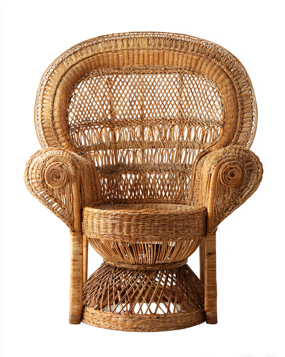 Fauteuil en rotin couleur bois 75x85x120 cm - design artisanal - dossier haut sculptural-Comfyene