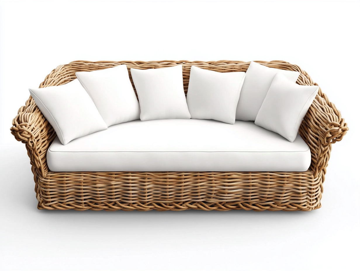 Canapé de jardin 3 places en rotin tressé et coussins - blanc/naturel - 210x95x85 cm - style bohème et contemporain - pour terrasse ou jardin-Comfyene