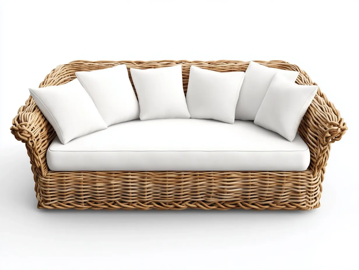 Canapé de jardin 3 places en rotin tressé et coussins - blanc/naturel - 210x95x85 cm - style bohème et contemporain - pour terrasse ou jardin-Comfyene