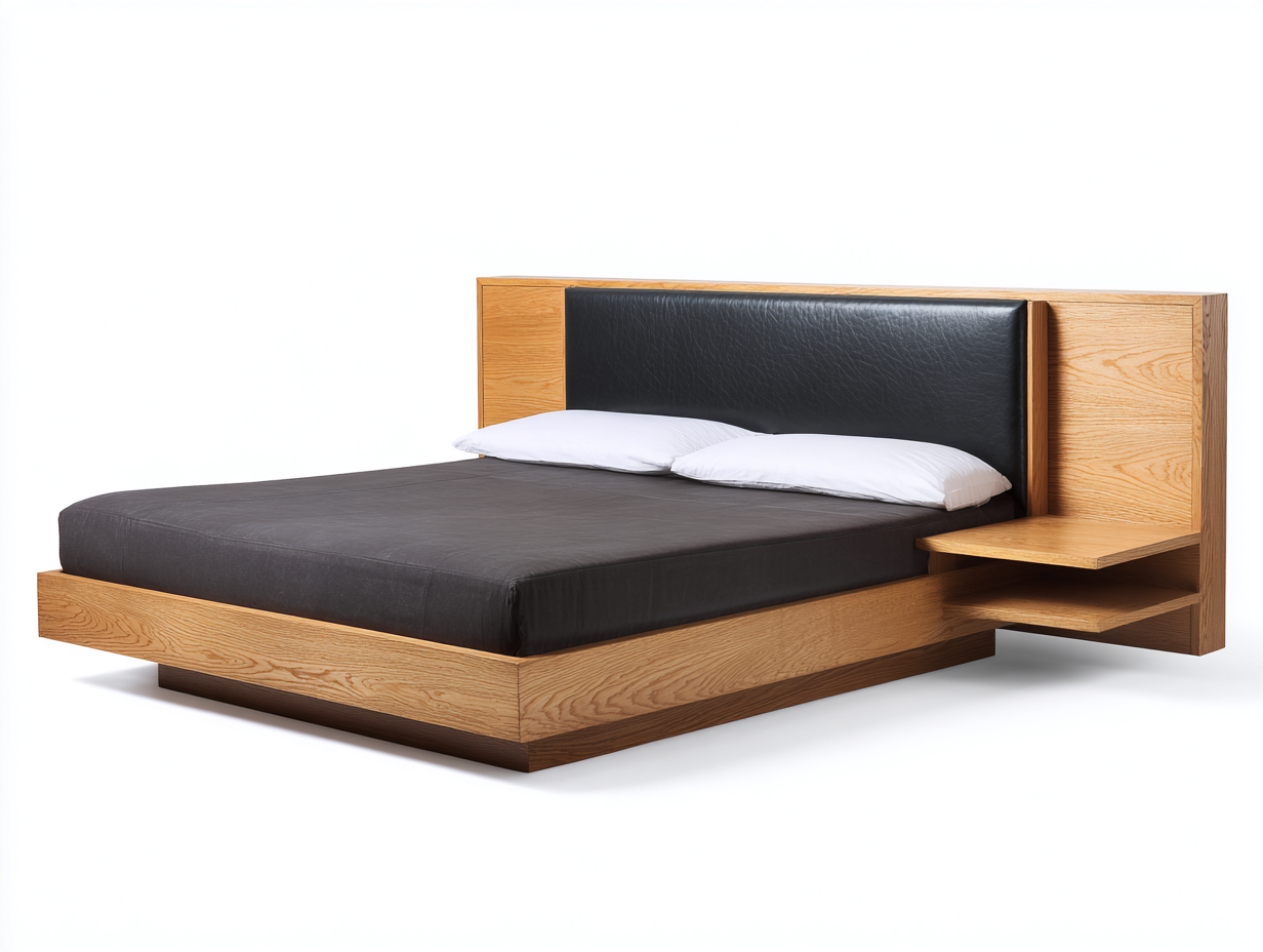 Lit double en bois 225x190x105 cm - chêne clair/noir - avec table de chevet suspendue et tête de lit capitonnée - design contemporain-Comfyene