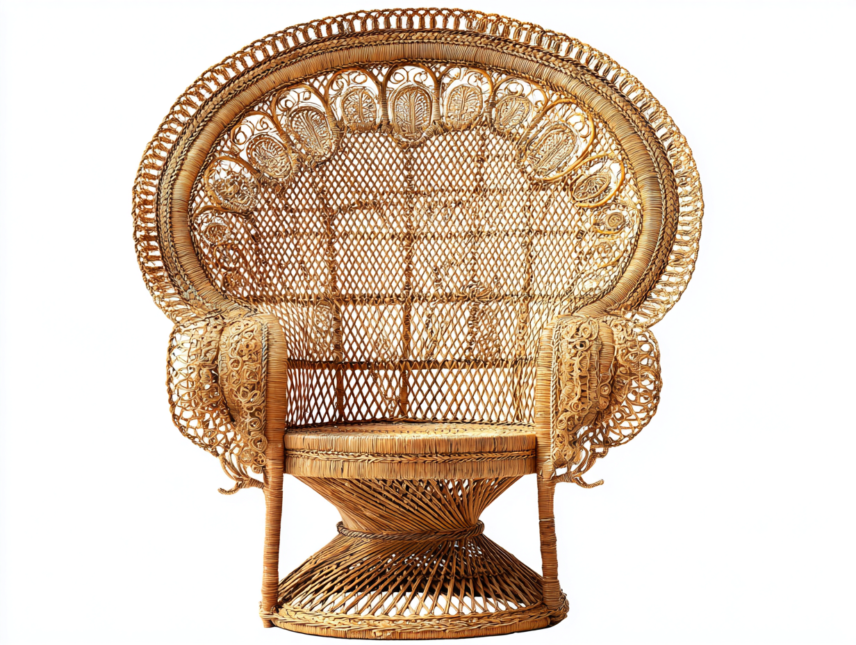 Fauteuil en rotin couleur bois 95x90x135 cm - style paon - dossier haut ornemental-Comfyene