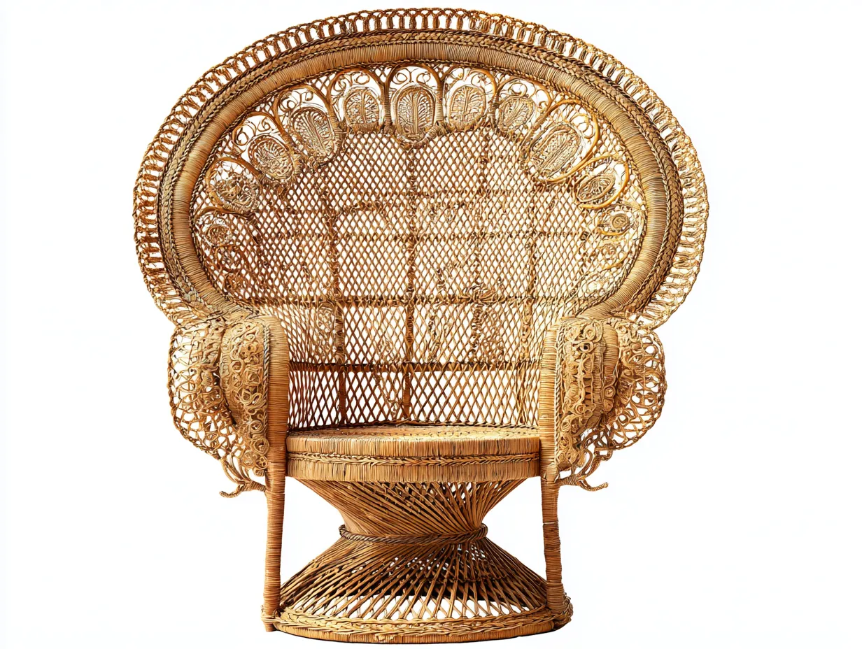 Fauteuil en rotin couleur bois 95x90x135 cm - style paon - dossier haut ornemental-Comfyene