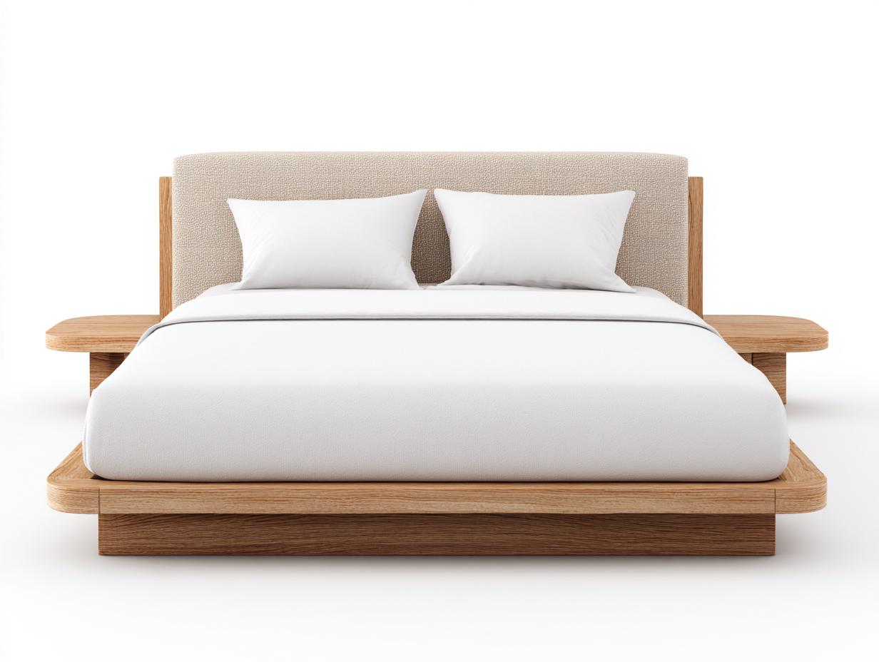 Lit double en bois 225x190x110 cm - chêne clair/beige - avec tables de chevet intégrées - design contemporain-Comfyene