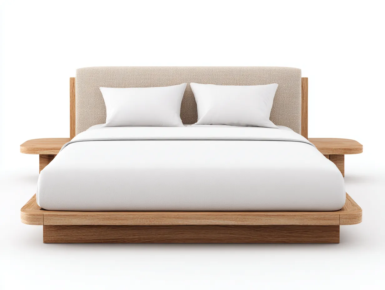 Lit double en bois 225x190x110 cm - chêne clair/beige - avec tables de chevet intégrées - design contemporain-Comfyene