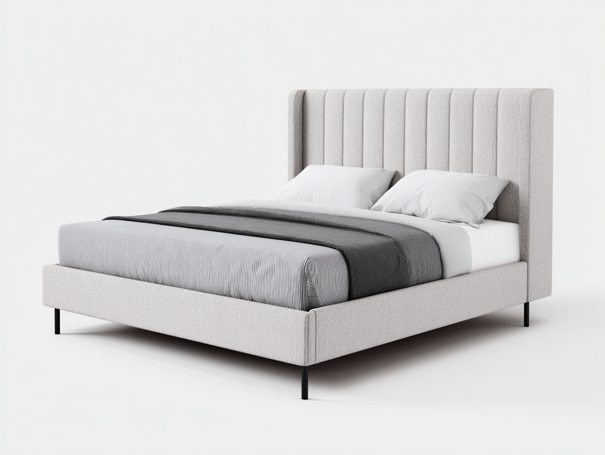 Lit double rembourré 215x185x120 cm - gris clair - avec tête de lit à cannelures verticales et pieds en métal noir-Comfyene