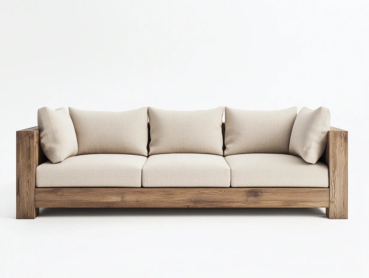 Canapé de jardin 3 places en bois de teck et tissu - beige/bois naturel - 210x90x80 cm - style moderne et épuré - pour extérieur ou terrasse-Comfyene