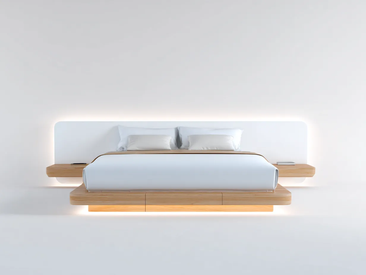 Lit double moderne 210x170x100 cm - bois clair et blanc - avec éclairage d'ambiance-Comfyene