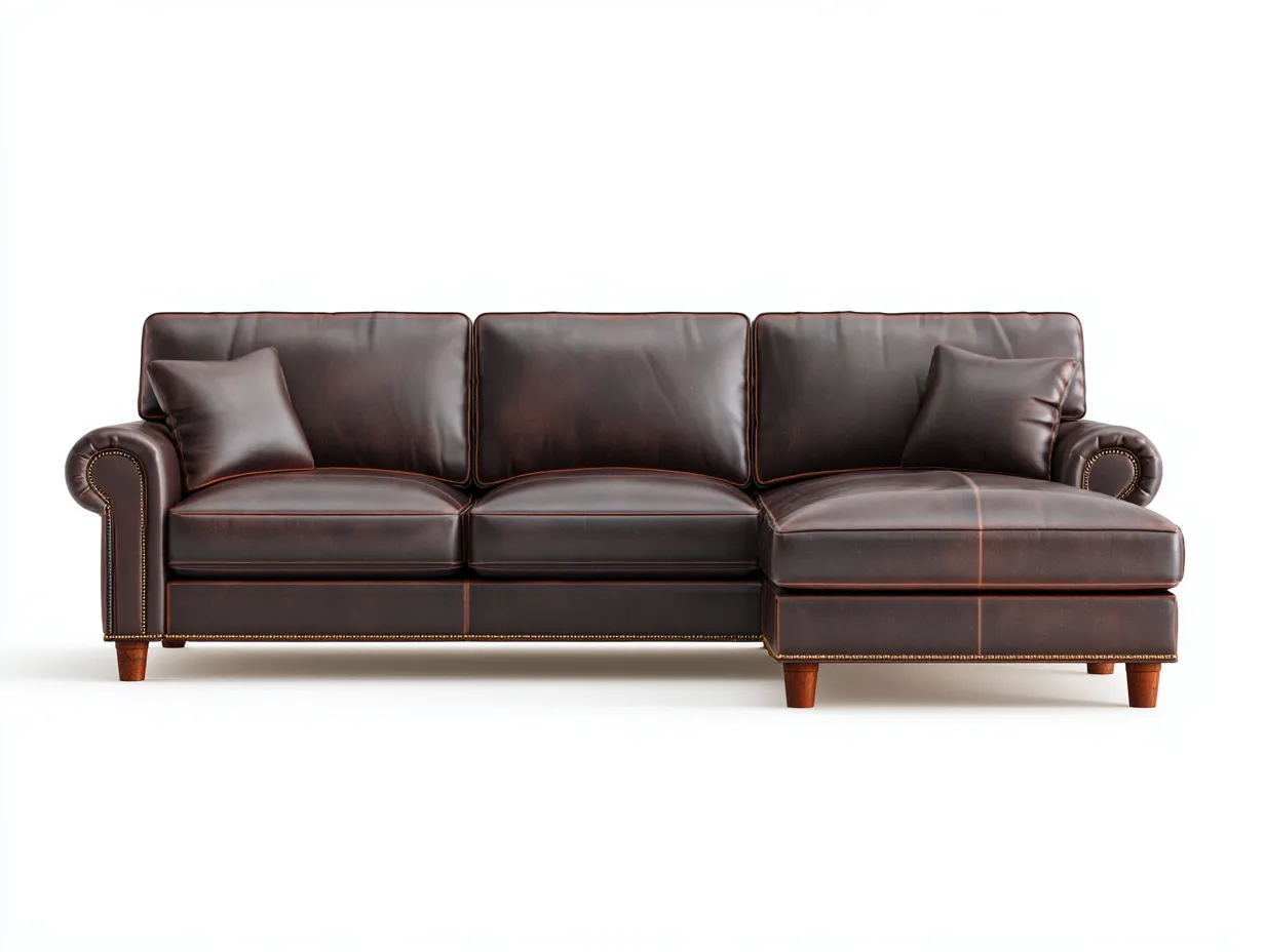 Canapé d'angle en cuir véritable 260x160x90 cm - marron foncé - style classique - assise moelleuse et finitions cloutées-Comfyene