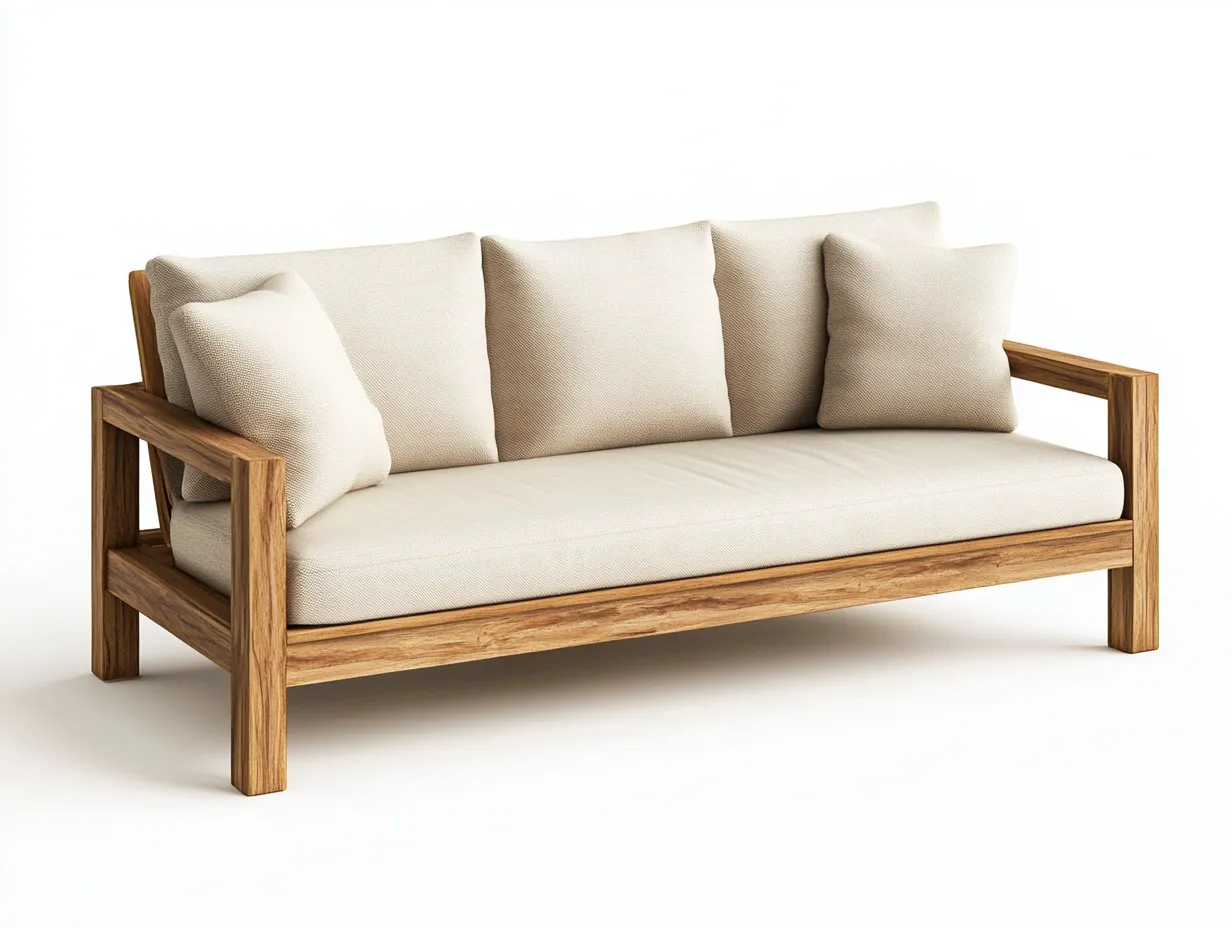 Canapé de jardin 3 places en bois de teck et tissu - beige/bois naturel - 195x85x80 cm - style naturel et contemporain - pour terrasse ou jardin-Comfyene