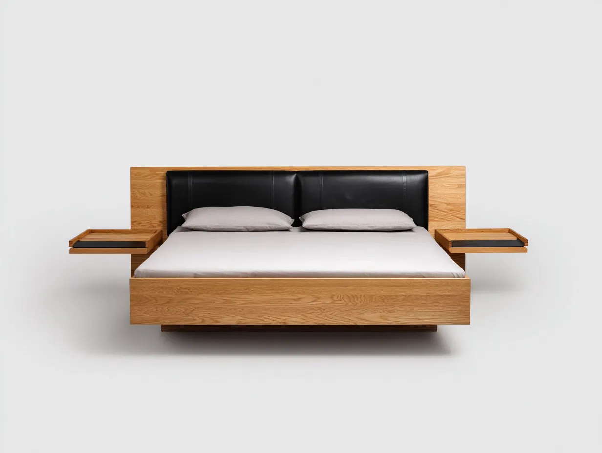 Lit double 210x170x105 cm - bois chêne clair et cuir synthétique noir - avec tables de chevet intégrées-Comfyene