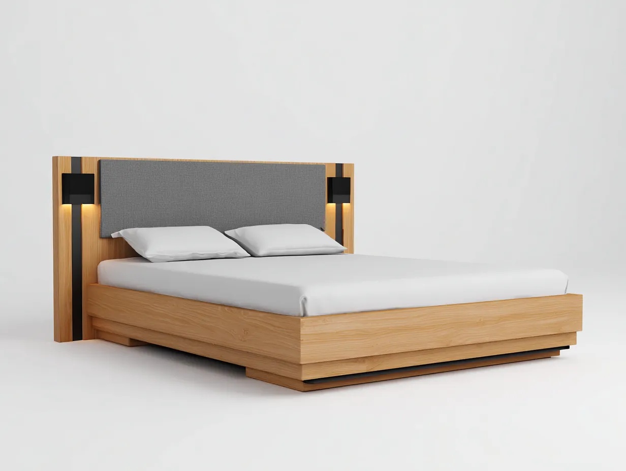 Lit double en bois et tissu 210x165x115 cm - chêne clair/gris - design moderne avec tête de lit lumineuse-Comfyene